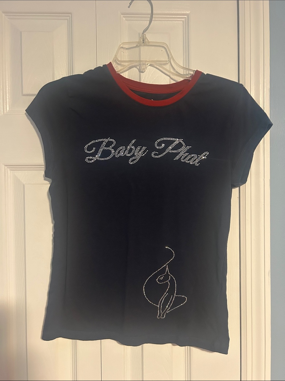 Baby Phat Black Tee with Red Neck Trim and Rhinestone Logo